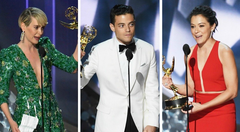 Sarah Paulson, Rami Malek and Tatiana Maslany accept their awards at the 2016 Emmys