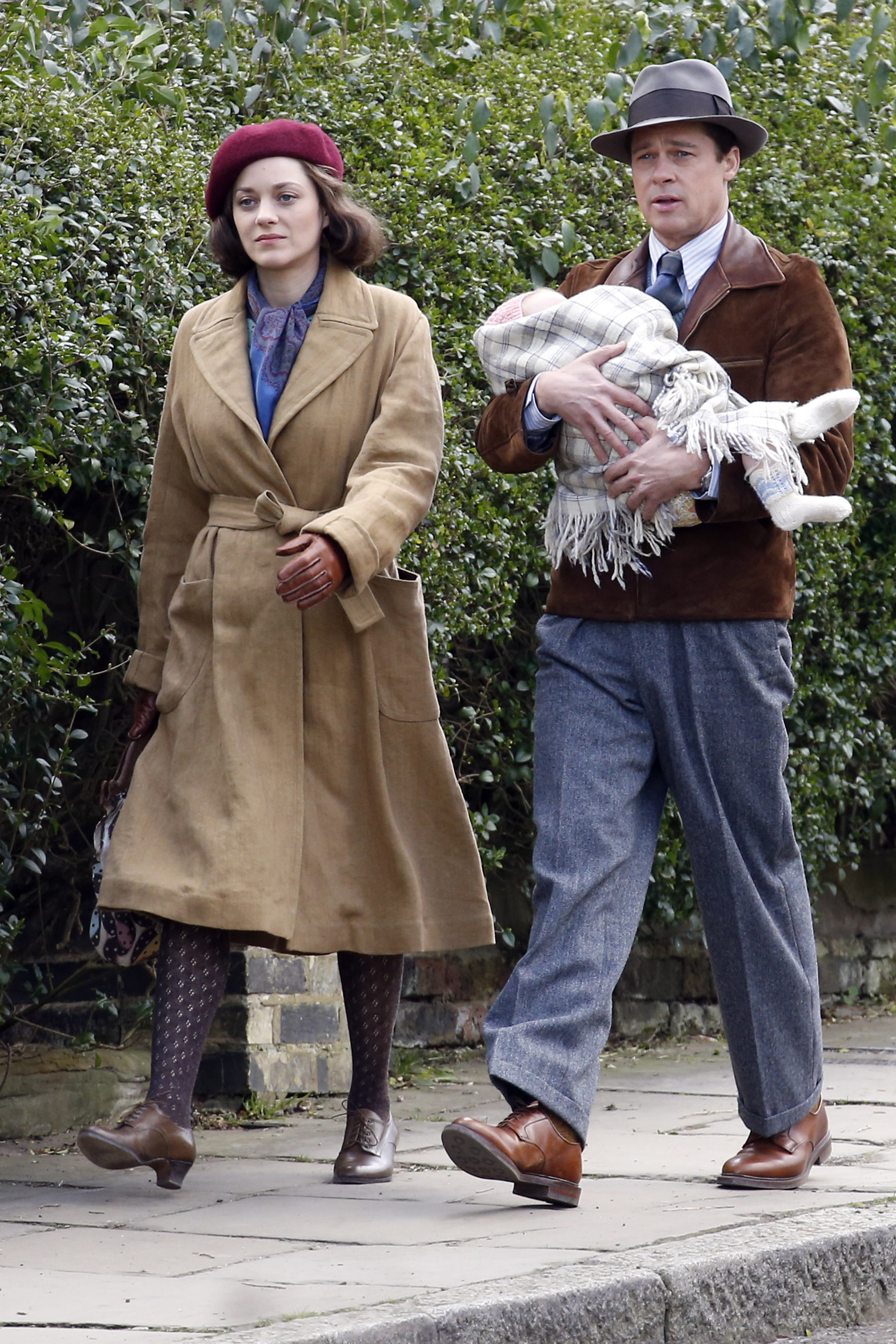 Marion Cotillard and Brad Pitt seen filming scenes for 'Five Seconds Of Silence' in Hampstead on March 31, 2016 in London