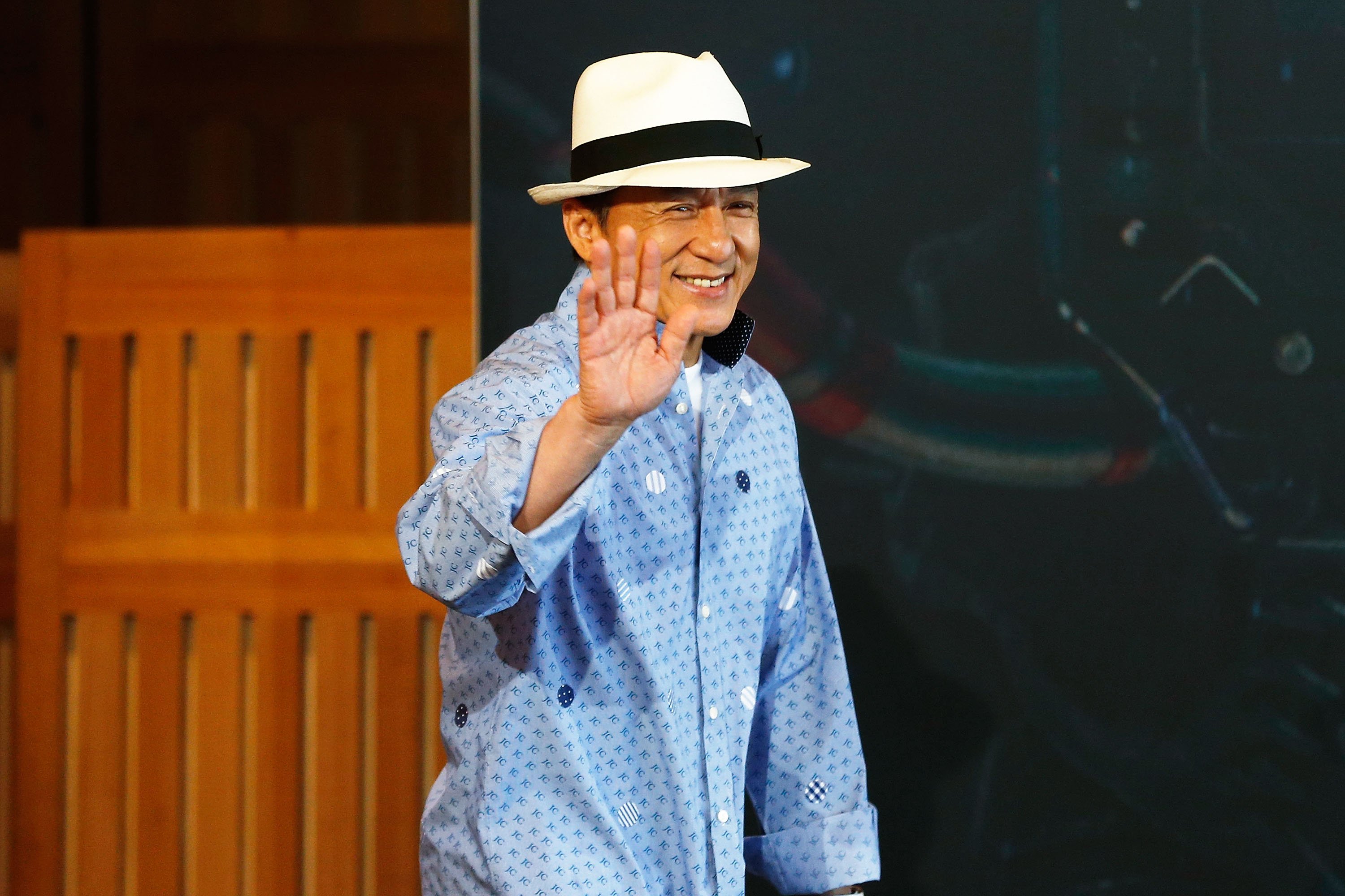 Jackie Chan arrives at a press conference and photocall for Bleeding Steel at Sydney Opera House on July 28, 2016 in Sydney