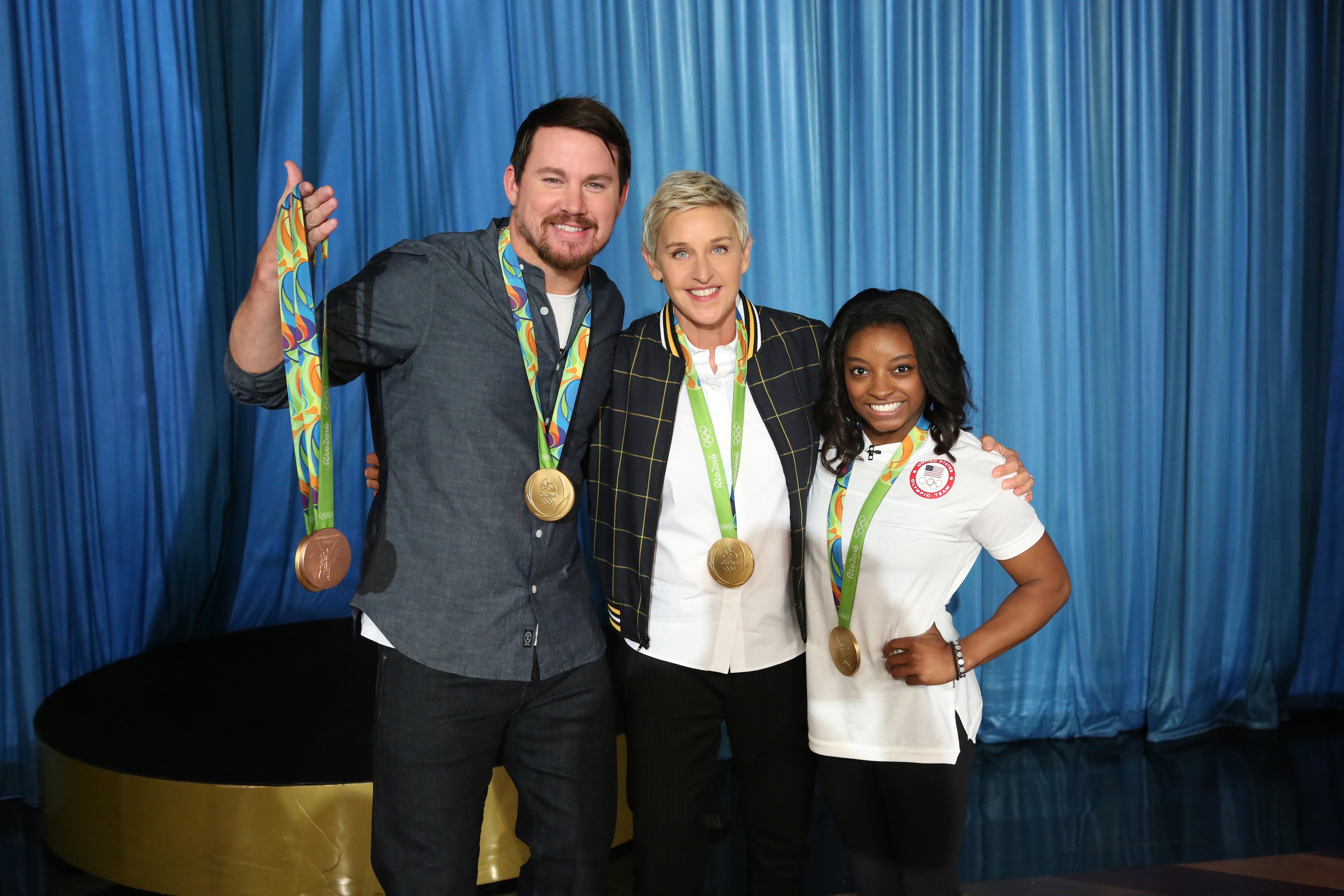 Channing Tatum, Ellen DeGeneres and Simone Biles on the September 6, 2016 episode of 'Ellen'
