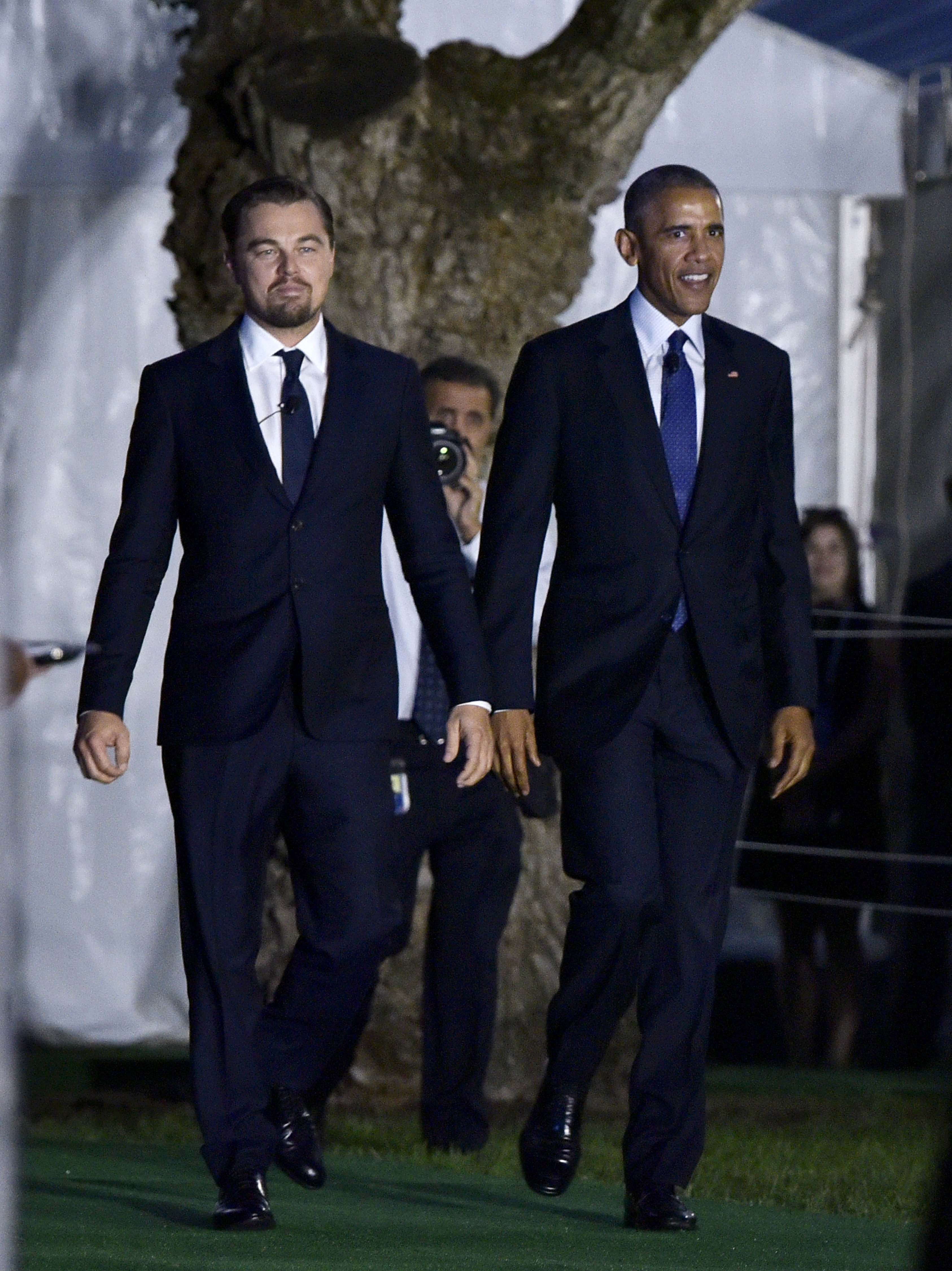 Leonardo DiCaprio and U.S. President Barack Obama arrives for a discussion on climate change during the South by South Lawn (SXSL) festival at the White House on October 3, 2016 in Washington, DC