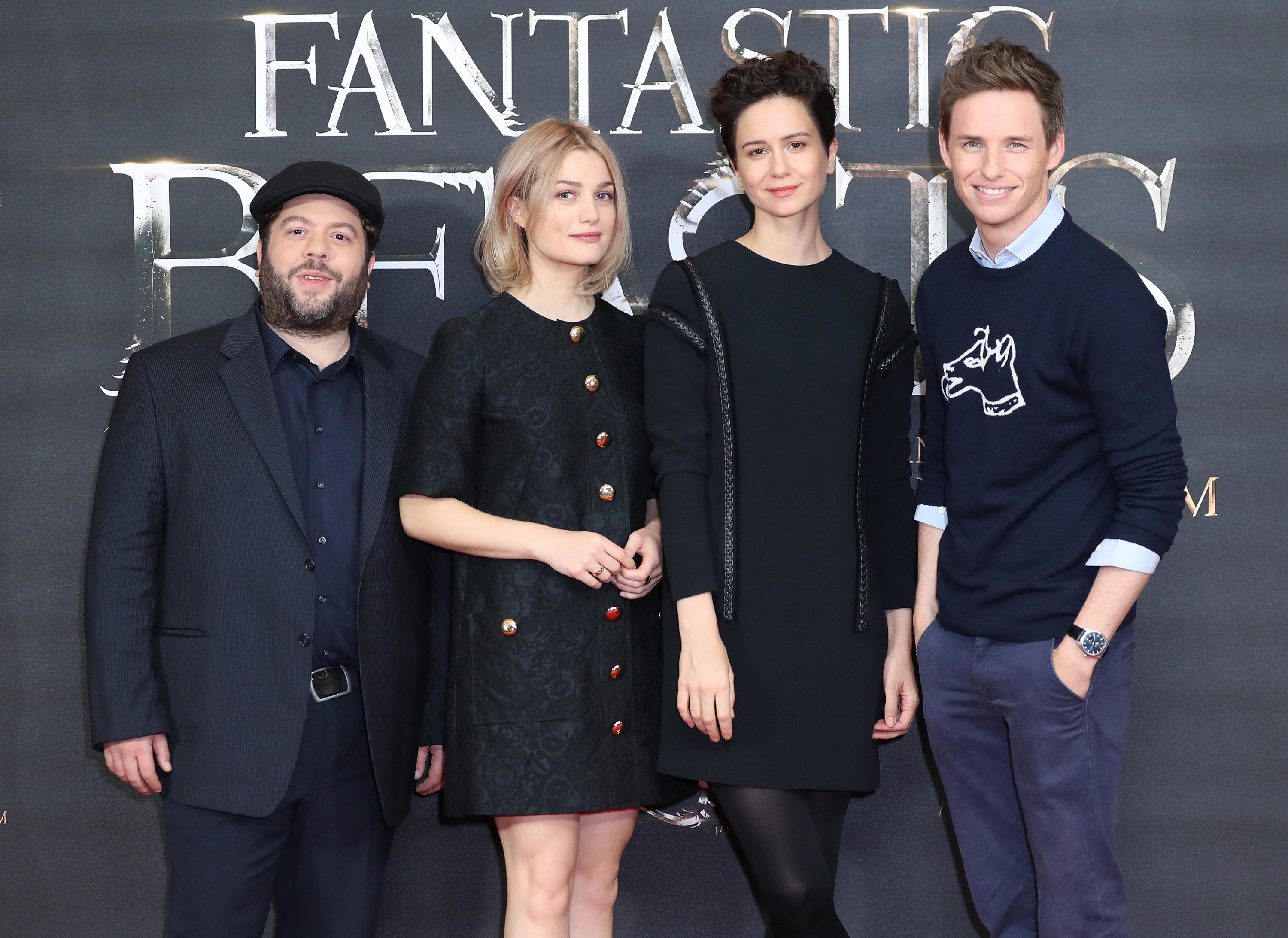 Dan Fogler, Alison Loren Sudol, Katherine Waterston and Eddie Redmayne attend a photocall for 'Fantastic Beast And Where To Find Them' at May Fair Hotel on October 13, 2016 in London, England