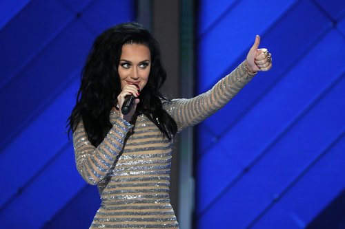 Katy Perry arrives on stage during the fourth day of the Democratic National Convention at the Wells Fargo Center, July 28, 2016 in Philadelphia
