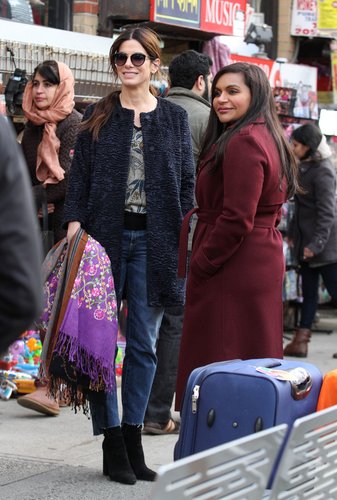 Sandra Bullock and Mindy Kaling film a scene on the set of 'Ocean's Eight' in Queens.