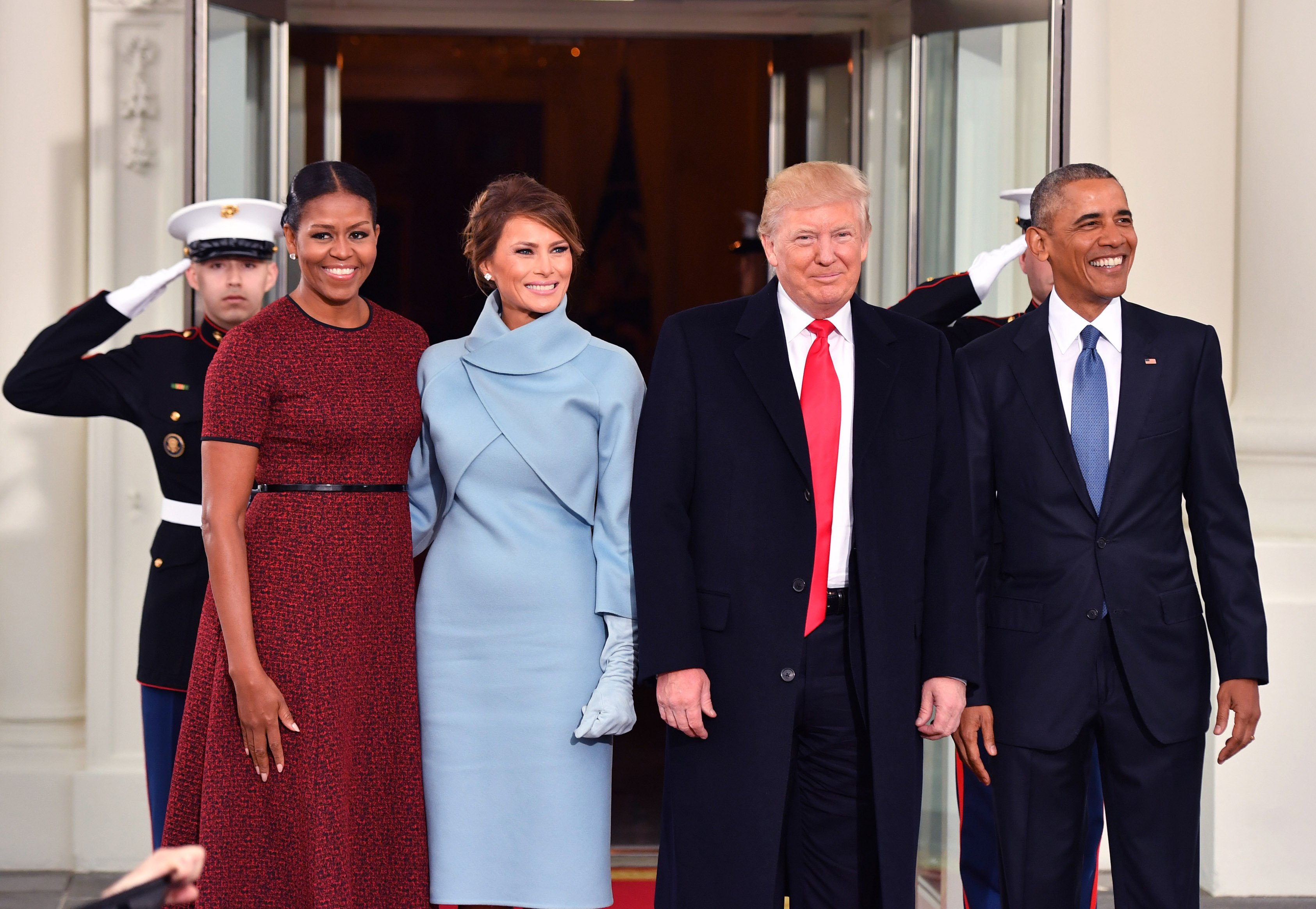 President Barack Obama and Michelle Obama pose with President-elect Donald Trump and wife Melania at the White House before the inauguration on January 20, 2017 in Washington, D.C