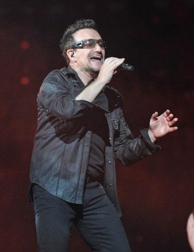 Bono rocks out during a U2 concert in New York City on July 20, 2011