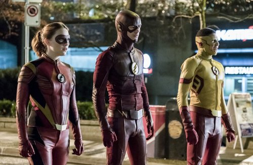 Violett Beane as Jesse Quick, Grant Gustin as The Flash and Keiynan Lonsdale as Kid Flash in 'The Flash' Season 3, Episode 14 -- 'Attack on Central City'