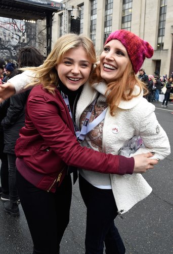 Chloe Grace Moretz and Jessica Chastain attend the rally at the Women's March on Washington on January 21, 2017 in Washington, D.C.