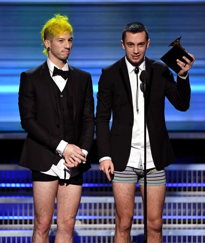 Josh Dun and Tyler Joseph of music group Twenty One Pilots accept the Best Pop Duo/Group Performance award for 'Stressed Out' onstage during The 59th Grammy Awards at Staples Center on February 12, 2017 in Los Angeles