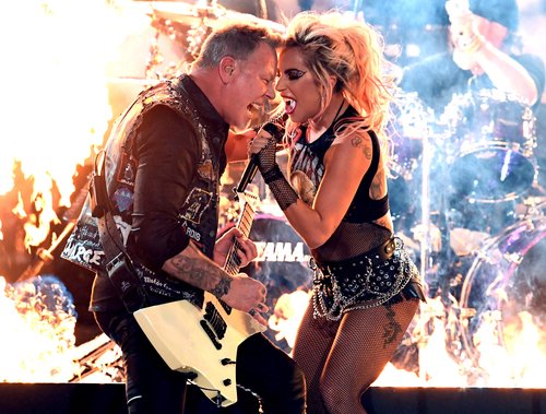James Hetfield of Metallica and Lady Gaga perform onstage during The 59th Grammy Awards at Staples Center on February 12, 2017 in Los Angeles