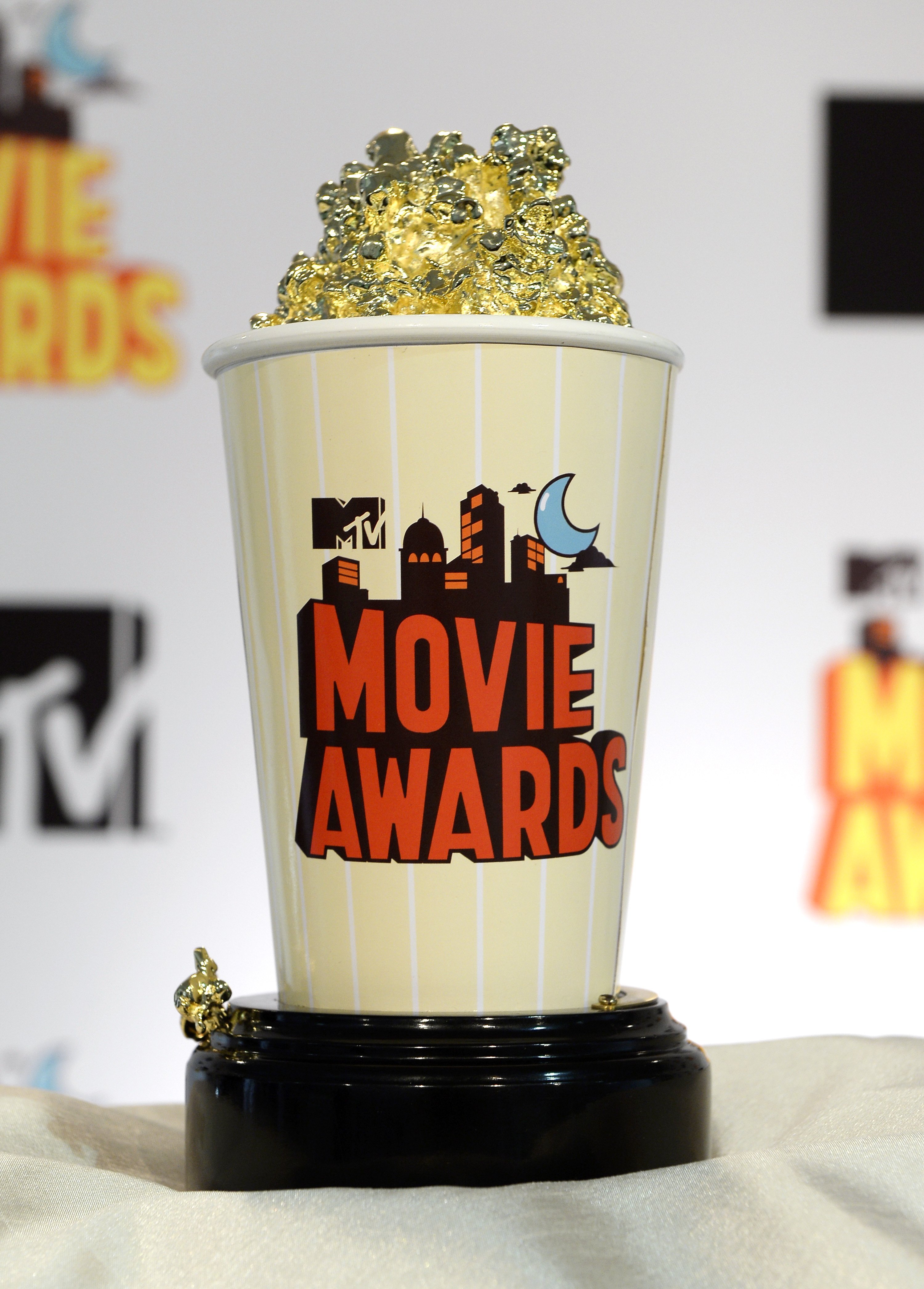 The 2015 MTV Movie Awards Golden Popcorn trophy is displayed during an MTV Movie Awards press junket April 9, 2015, in Los Angeles
