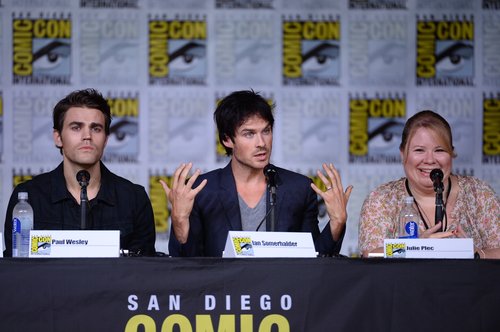 Paul Wesley and Ian Somerhalder and writer/Executive Producer Julie Plec attend the 'The Vampire Diaries' panel during Comic-Con International 2016 at San Diego Convention Center on July 23, 2016 in San Diego