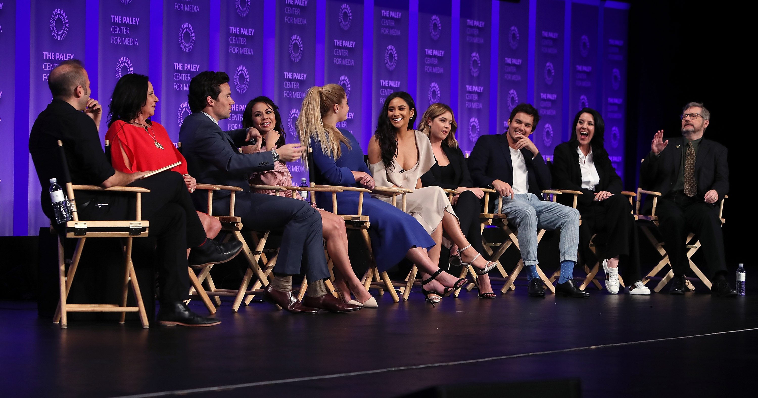 Moderator Jarett Wieselman, executive producer I. Marlene King, Ian Harding, Janel Parrish, Sasha Pieterse, Shay Mitchell, Ashley Benson, Tyler Blackburn, Andrea Parker and executive producer Joseph Dougherty appear on stage at The Paley Center for Media'