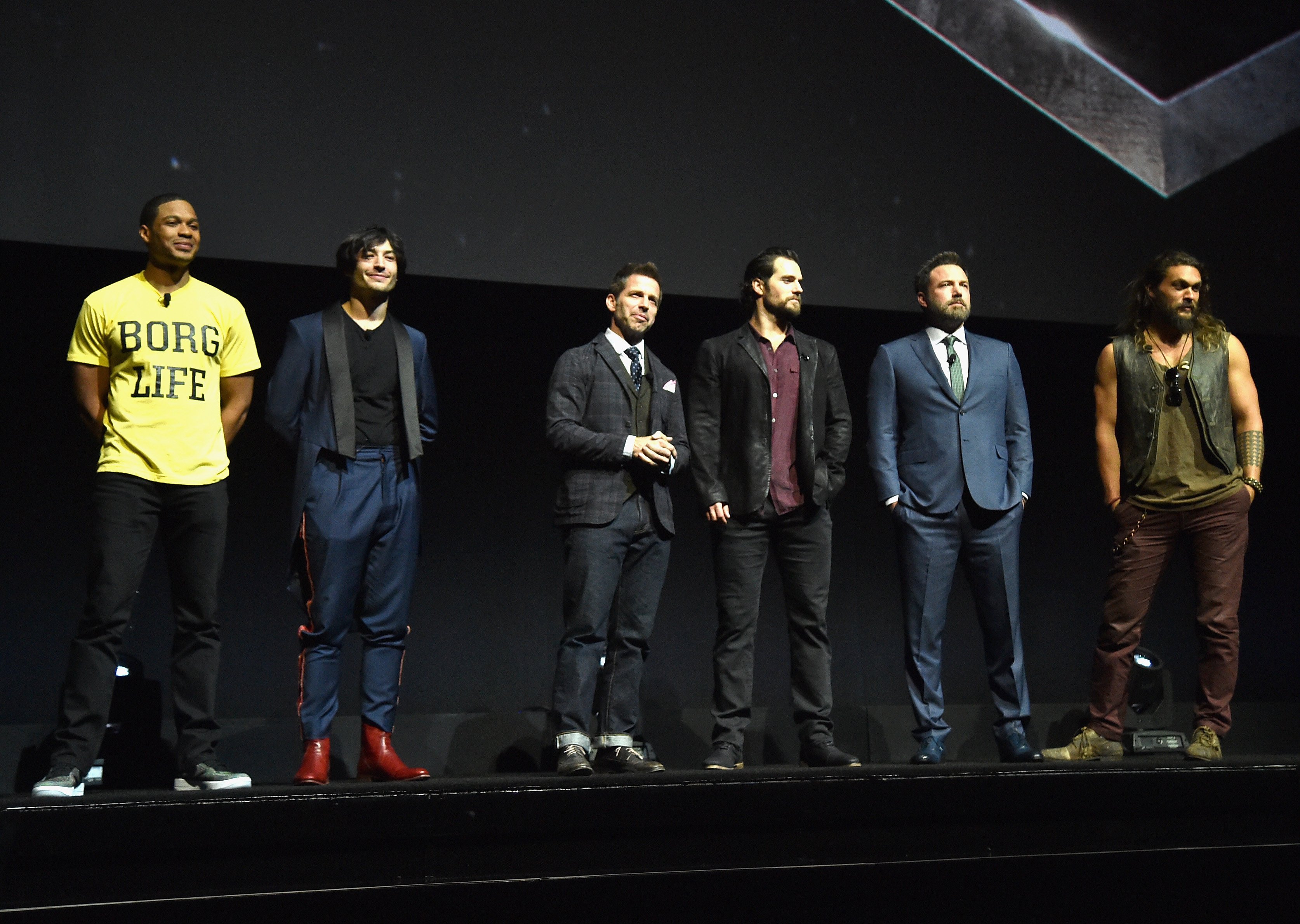 Ray Fisher, Ezra Miller, Zack Snyder, Henry Cavill, Ben Affleck and Jason Momoa appear onstage at CinemaCon 2017 on March 29, 2017 in Las Vegas