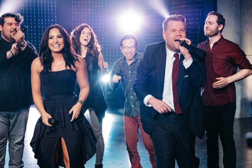 Demi Lovato and a cappella group Level perform the Diva Riff-Off with James Corden during 'The Late Late Show with James Corden, on CBS on April 5, 2017