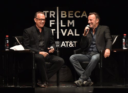 Tom Hanks and Bruce Springsteen speak on stage during Tribeca Talks at the Tribeca Film Festival on April 28, 2017 in New York City