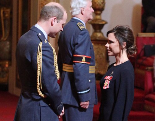 Victoria Beckham receives her OBE from the Duke of Cambridge during an investiture ceremony at Buckingham Palace in London, April 19, 2017