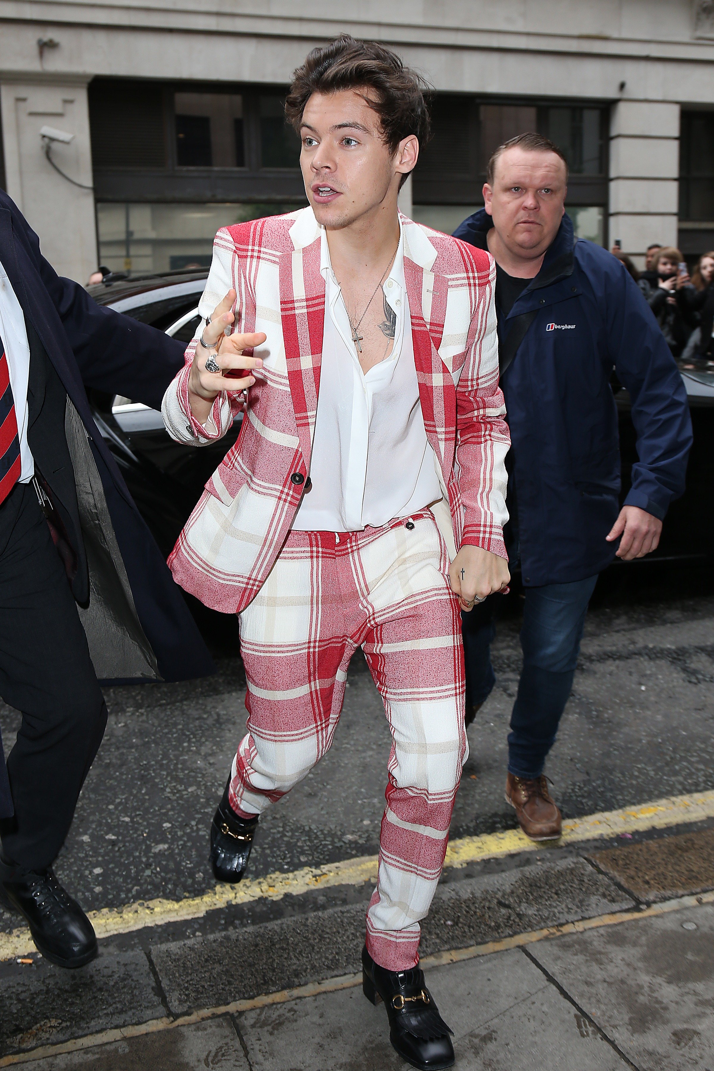 Harry Styles is seen at BBC Radio 2 Studios promoting his new album on May 12, 2017 in London