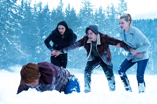 Camila Mendes as Veronica, Cole Sprouse as Jughead, Lili Reinhart as Betty and KJ Apa as Archie in 'Riverdale' Season 1, 'Chapter Thirteen: The Sweet Hearafter'