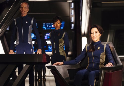 Doug Jones as Lieutenant Saru, Sonequa Martin-Green as First Officer Michael Burnham and Michelle Yeoh as Captain Philippa Georgio in 'Star Trek: Discovery' on CBS All Access