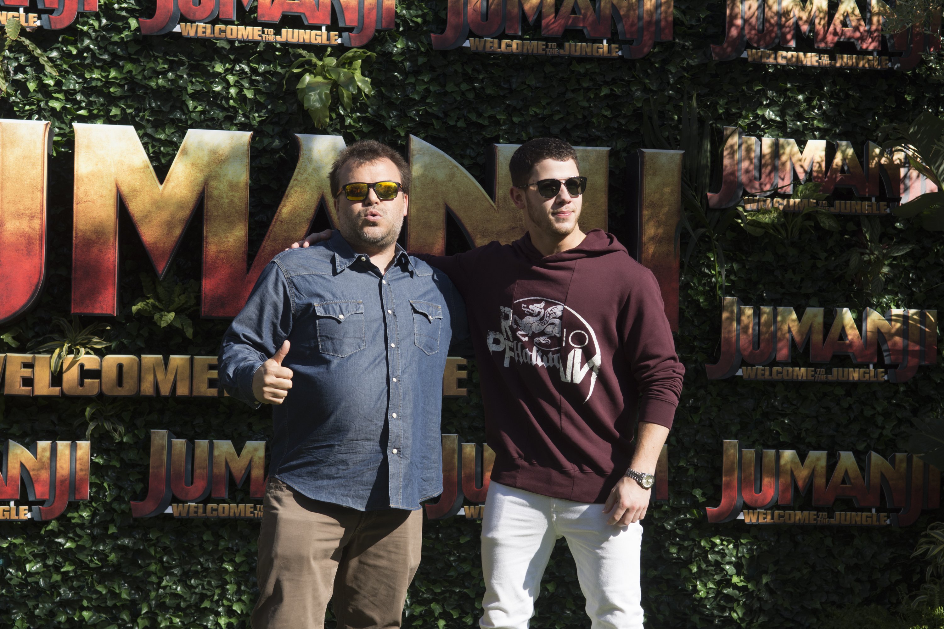 Jack Black and Nick Jonas pose during a photo call for 'Jumanji: Welcome to the Jungle' on June 18, 2017 in Barcelona