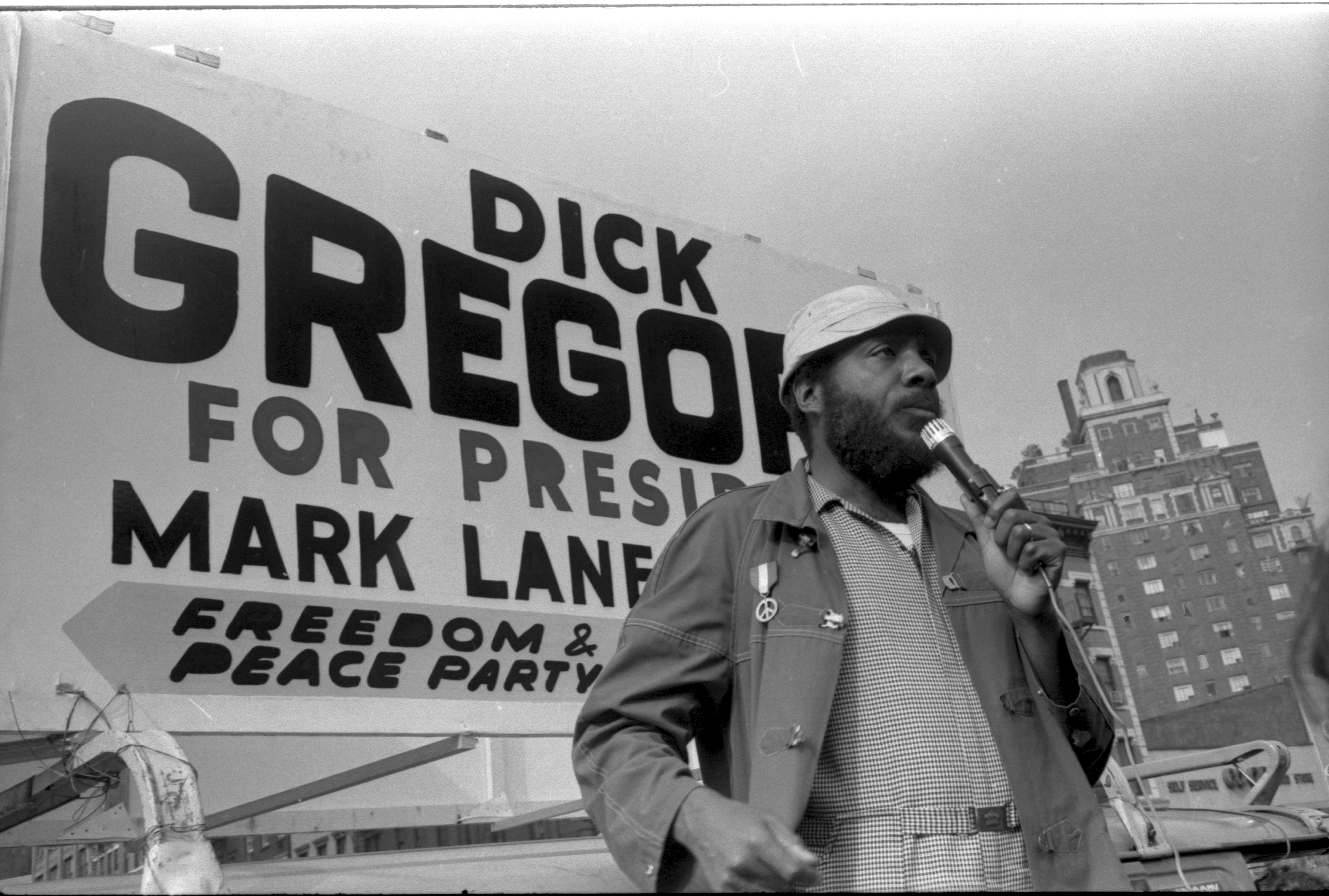 Comedian and social activist Dick Gregory campaigns for president with the Freedom & Peace Party, New York, New York, 1969.