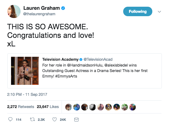 So if you saw, for example, Lauren Graham congratulating her onscreen daughter Alexis Bledel for Emmy her win over this past weekend, you might've been confused.