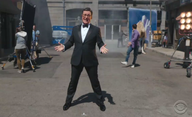 Soon, Colbert broke into a musical number that included mentions of global warming and the Middle East and cameos from other equally political actors...