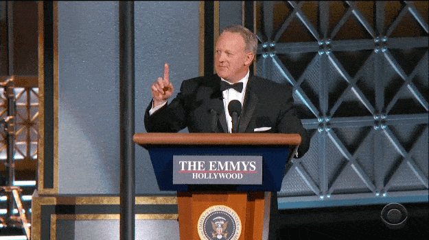Former White House press secretary Sean Spicer appeared at the 2017 Emmys on Sunday in a gag bit with host Stephen Colbert. He jokingly echoed the falsehood he told about the number of people who watched President Donald Trump's inauguration in January.