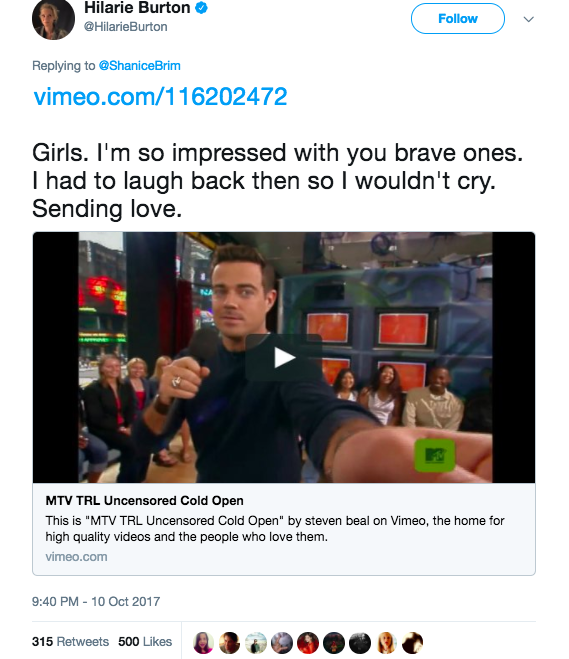 Along with the video, Burton tweeted: "Girls. I'm so impressed with you brave ones. I had to laugh back then so I wouldn't cry. Sending love."