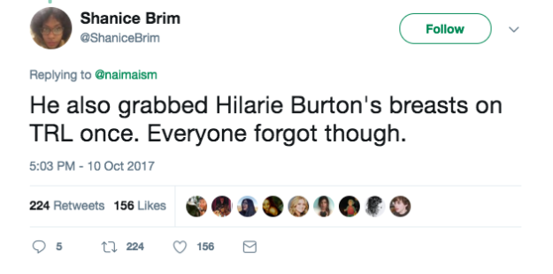 It also started a conversation about Affleck's general treatment of women. Twitter user @ShaniceBrim tweeted that Affleck "grabbed Hilarie Burton's breasts on TRL once. Everyone forgot though."