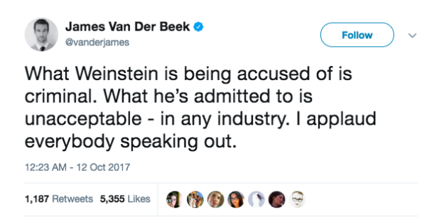 The former Dawson's Creek star tweeted his support of the women speaking their truths in light of the Weinstein allegations before launching into his own experience with sexual harassment.