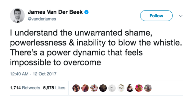 Though Van Der Beek didn't divulge anymore details, he tweeted that he understood how helpless victims of sexual misconduct can feel, saying, "I can understand the unwarranted shame, powerlessness and inability to blow the whistle."