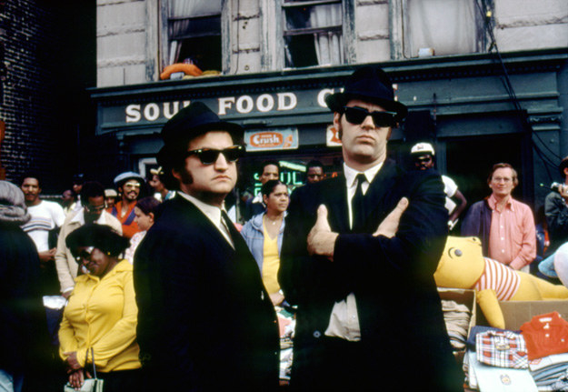 John Belushi and Dan Ackroyd on the set of The Blues Brothers.