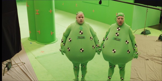 Matt Lucas and castmate filming Alice in Wonderland against a green screen.