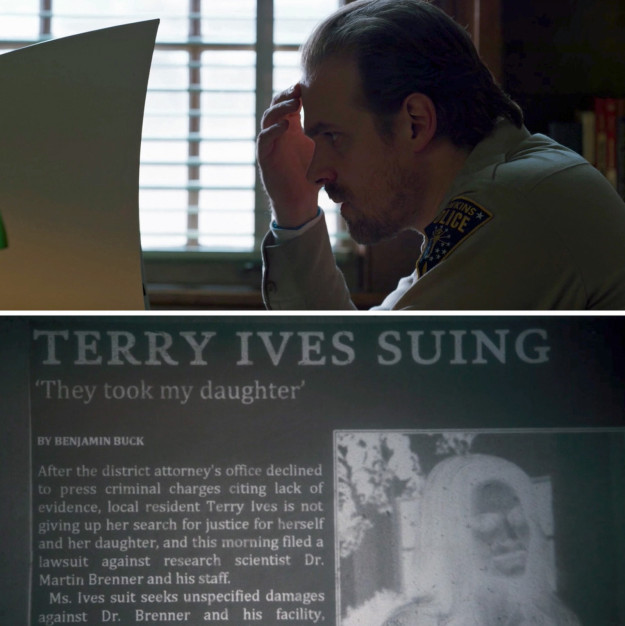 He also found old newspaper articles about Terry Ives, who sued the evil Dr. Martin Brenner (aka Eleven's "Papa") after she claimed he took her daughter, Jane.