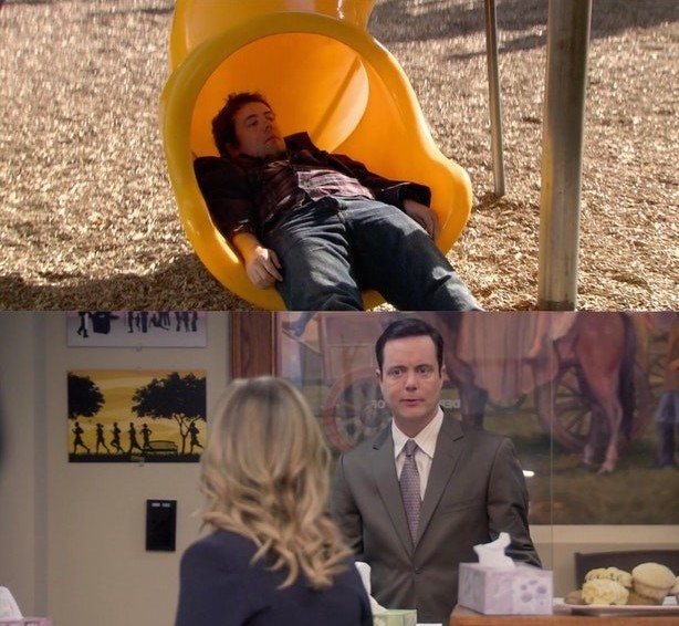 On Parks And Recreation, the drunk man Leslie shoos out of the playground is the same man who returns in the final episode to ask for a playground swing to be fixed.