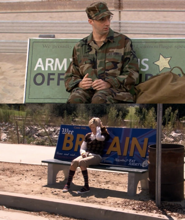 On Arrested Development, characters often sit on bench advertisements in ways that hint at future plot points.
