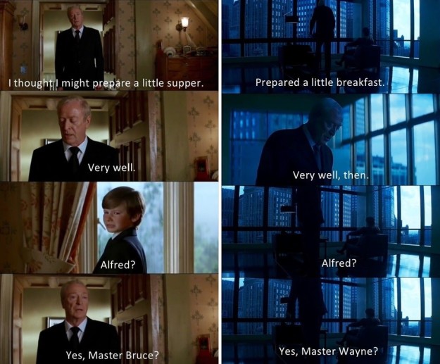 These two scenes of Alfred approaching a mourning Bruce Wayne in Batman Begins and The Dark Knight, respectively, mirror one another. In both scenes, Bruce blames himself, and in both scenes Alfred comforts him.