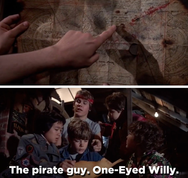 Only instead of battling an evil government conspiracy like the Hawkins kids, the Goonies follow One-Eyed Willy's map to try and find his buried treasure so they can save their homes.