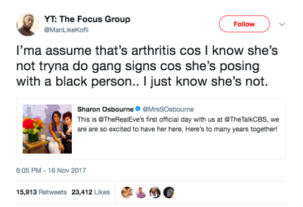 After seeing the pose Osbourne struck, people got upset. "I'ma assume that's arthritis cos I know she's not tryna do gang signs cos she's posing with a black person," one person said.