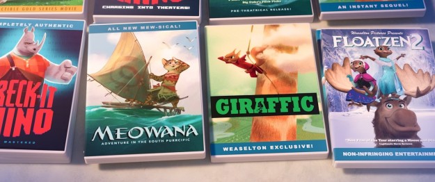 In Zootopia, a table of bootleg DVDs include animal versions of various Disney movies.