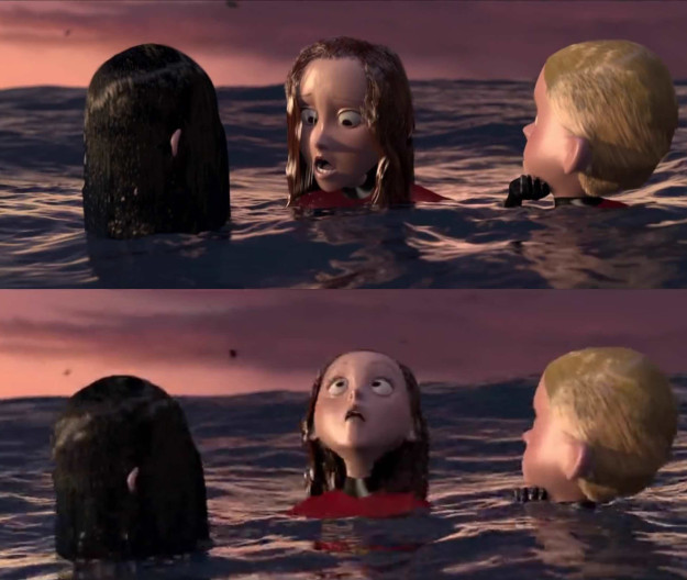 In The Incredibles, Helen realizes that the plane wreckage is about to fall on them by seeing its reflection in the water.