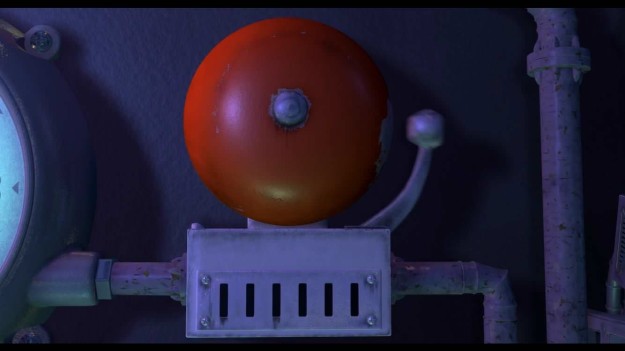 In Monsters Inc., the bell on the scare floor has chipped paint where the ringer hits it every day.