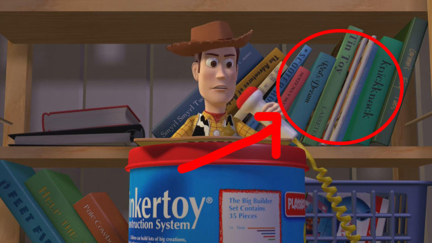 The names of previous Pixar shorts are featured on the bookshelf in Toy Story.