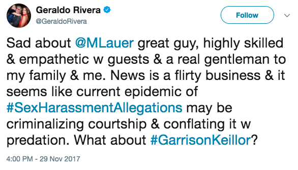 "News is a flirty business," Rivera wrote, "&amp; and it seems like current epidemic of #SexHarassmentAllegations may be criminalizing courtship &amp; conflating it w predation."