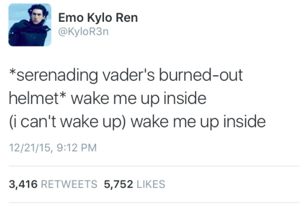 Like, Eminem probably wrote his song "Stan" about Kylo's feelings towards Vader, TBH.