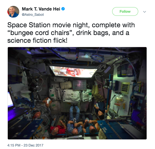 NASA Astronaut Mark T. Vande Hei tweeted this picture of "movie night."