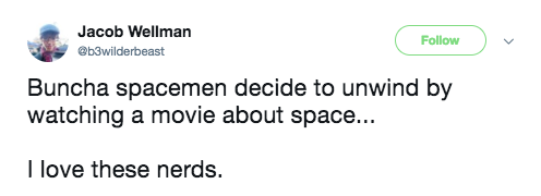 But the coolest way to see the movie isn't for any of us terrestrial n00bs, because it's in motherfreaking space. The International Space Station had a showing of The Last Jedi, and geek started oozing out of my pores.