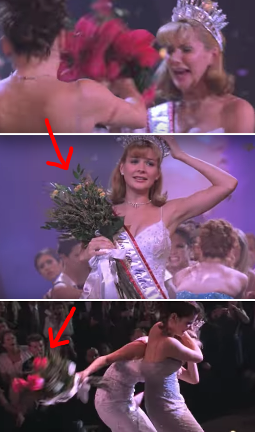 In Miss Congeniality, Cheryl beats Gracie with the rose bouquet, and the petals fall off. A few seconds later, the red petals magically reappear.